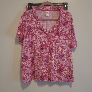 Joe Boxer Pink Graphic Short-Sleeve Button-Down Top And Pants Set